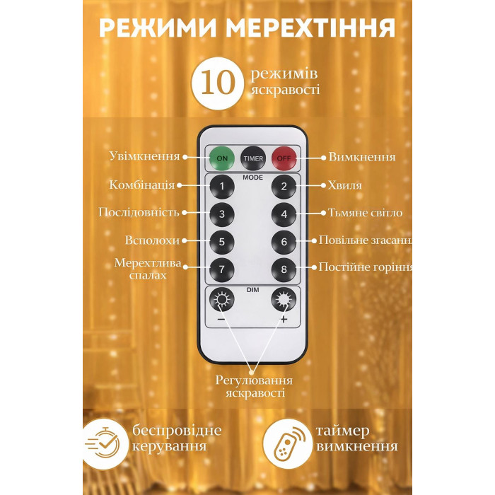 Світлодіодна гірлянда-штора Роса 3×3 м на 300 LED з USB та пультом