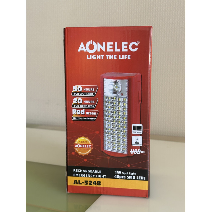 Ліхтар Aonelec AL-5248 із акумулятором та PowerBank, 48 LED + 1 W прожектор, 4000 мА·г, USB, заряджання від мережі / 12 V, червоний