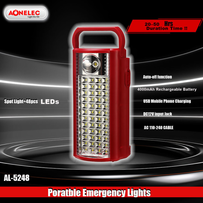 Ліхтар Aonelec AL-5248 із акумулятором та PowerBank, 48 LED + 1 W прожектор, 4000 мА·г, USB, заряджання від мережі / 12 V, червоний
