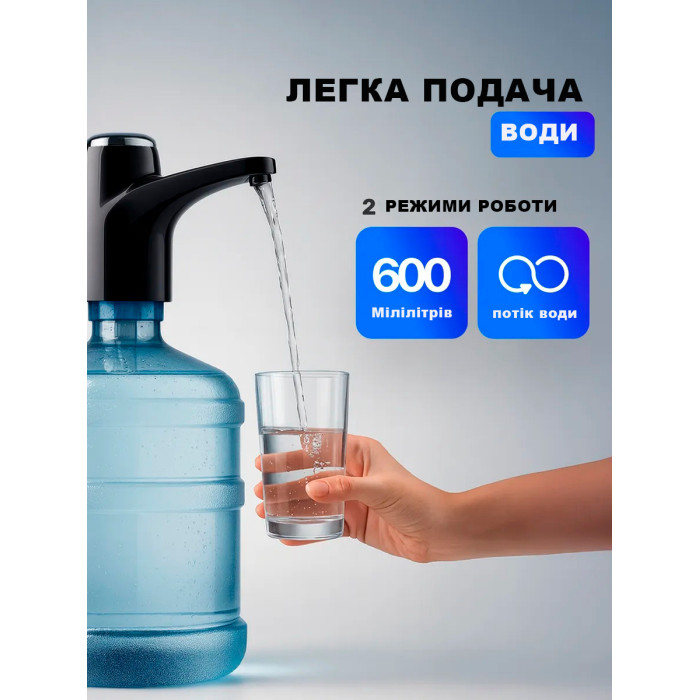 Автоматична помпа для води акумуляторна 800 мА·год з вибором об'єму, насос бутильованої води, чорна