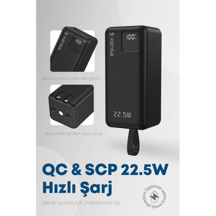 Power Bank Kensa KP91 50000 мА·год 30W PD / 22.5W QC з швидкою зарядкою, вбудовані кабелі, LED дисплей