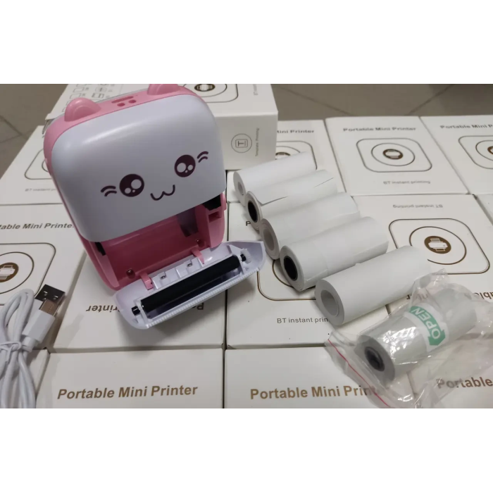 Портативний міні принтер Mini Printer термопринтер кишеньковий дитячий Рожевий +1 рулон