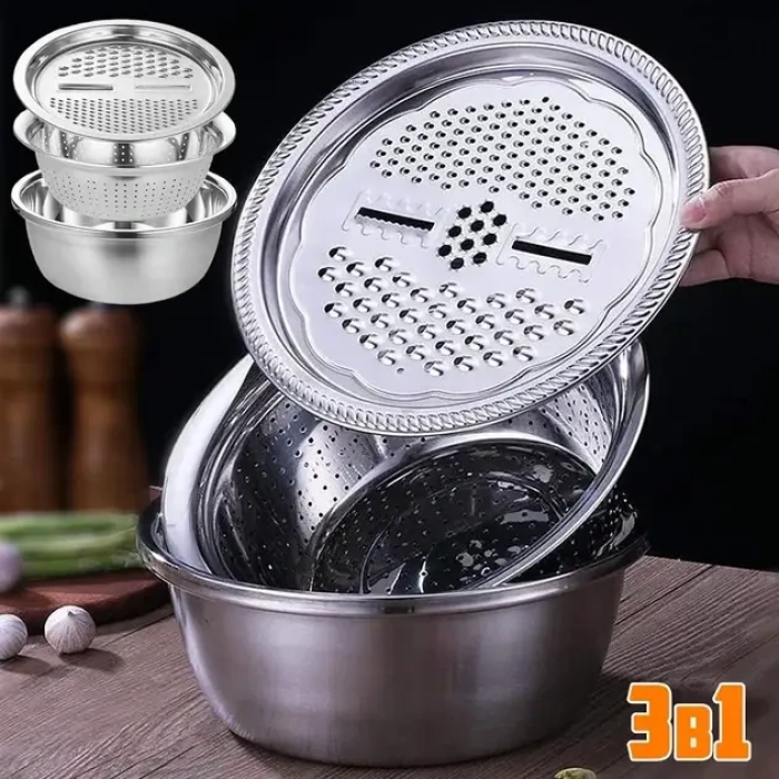 Багатофункціональний кухонний набір із неіржавкої сталі 3 в 1 Metal Basket Cutter Миска друшляк і тертка