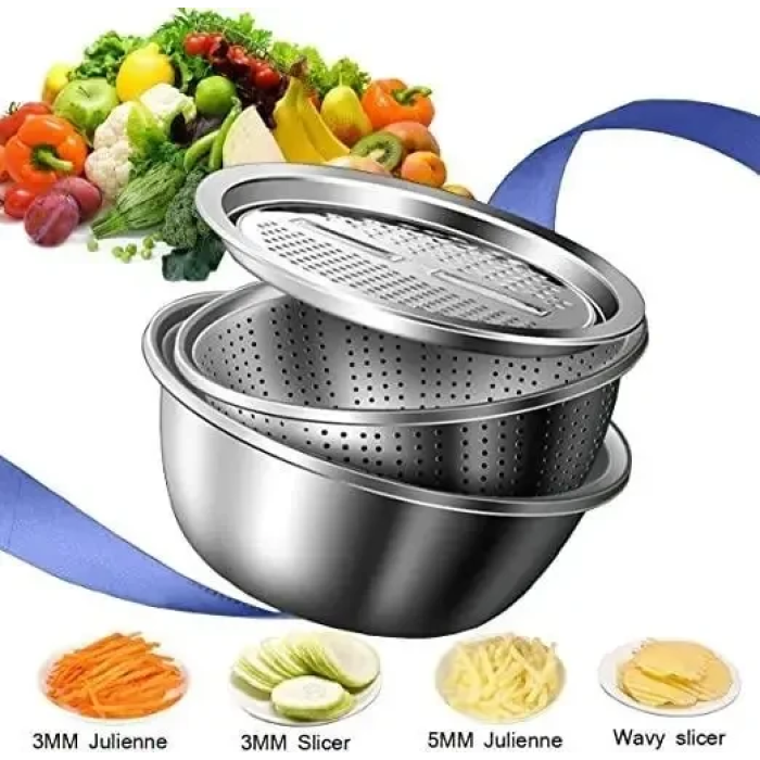 Багатофункціональний кухонний набір із неіржавкої сталі 3 в 1 Metal Basket Cutter Миска друшляк і тертка