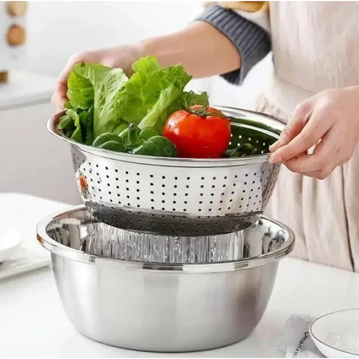 Багатофункціональний кухонний набір із неіржавкої сталі 3 в 1 Metal Basket Cutter Миска друшляк і тертка