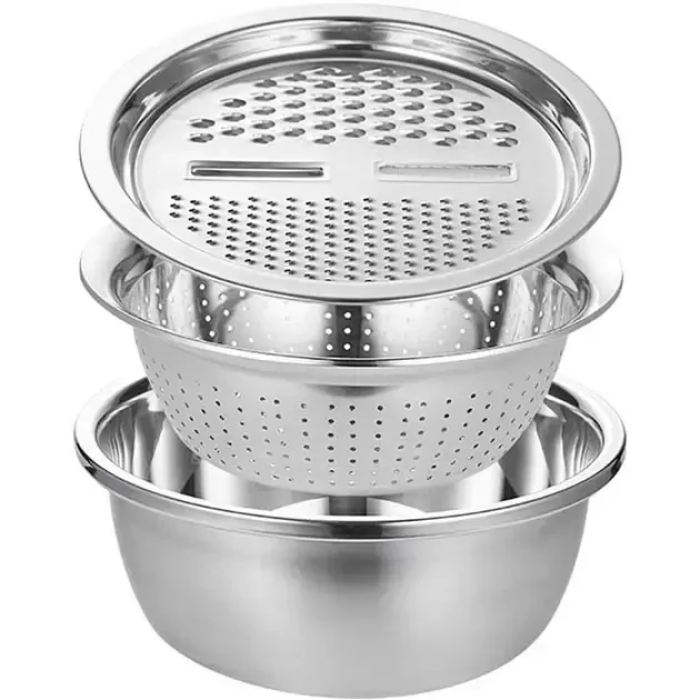 Багатофункціональний кухонний набір із неіржавкої сталі 3 в 1 Metal Basket Cutter Миска друшляк і тертка