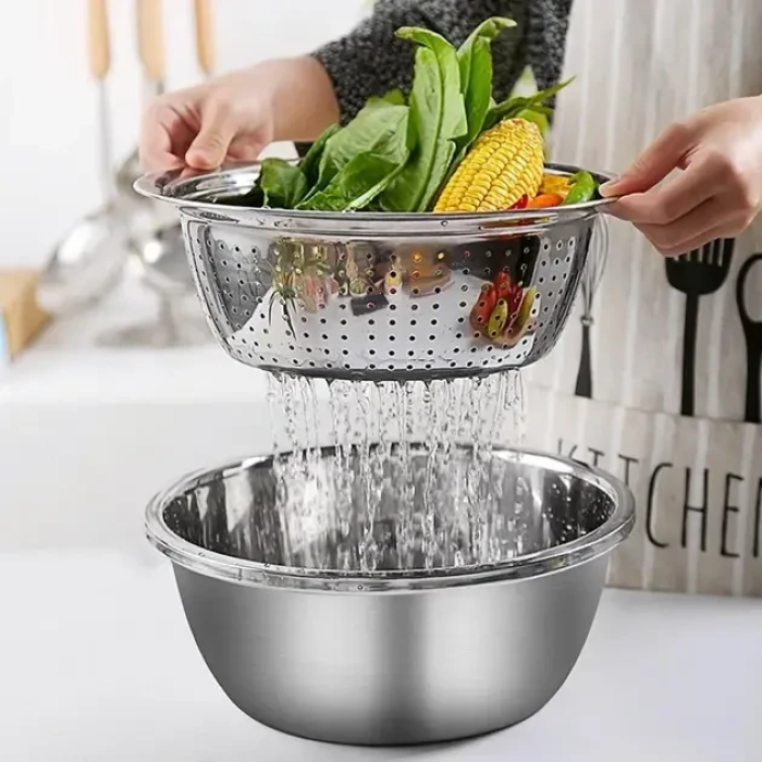 Багатофункціональний кухонний набір із неіржавкої сталі 3 в 1 Metal Basket Cutter Миска друшляк і тертка