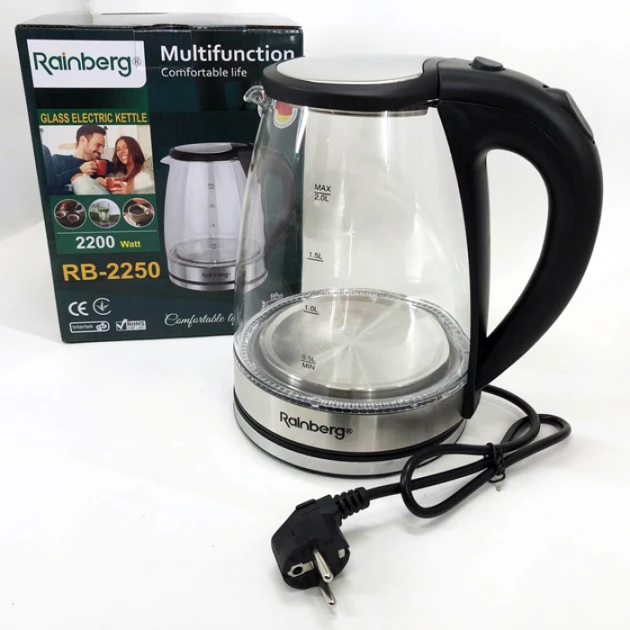 Електричний скляний чайник Rainberg RB-2250 з LED-підсвіткою 2200 Вт 2л