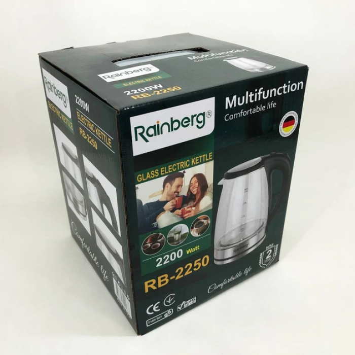 Електричний скляний чайник Rainberg RB-2250 з LED-підсвіткою 2200 Вт 2л